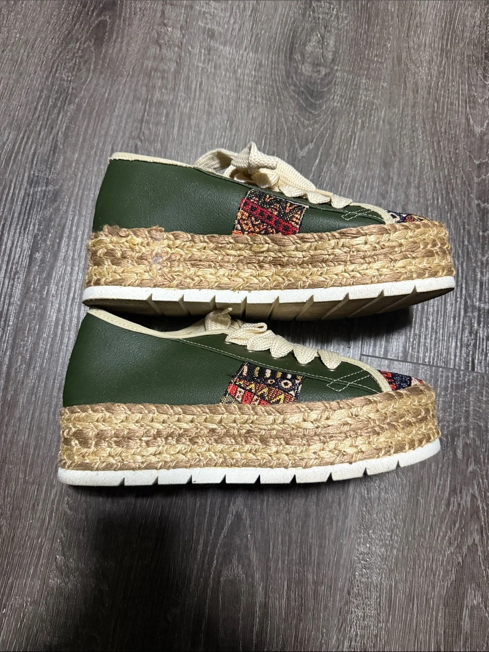 Woven Pattern Espadrille Sneakers in Olive and Cream